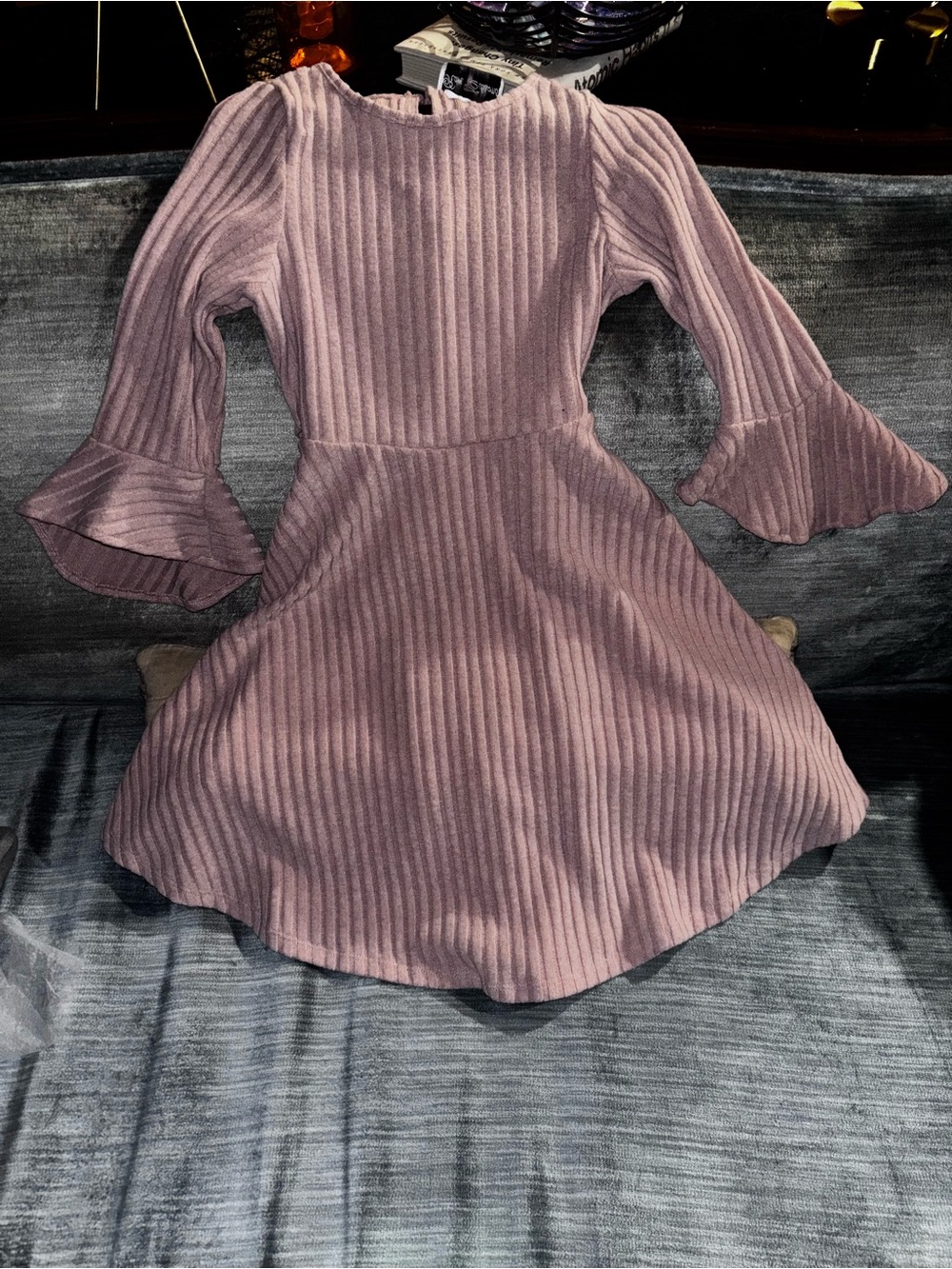 Girls' Dusty pink Ribbed Knit Flare-Sleeve Dress